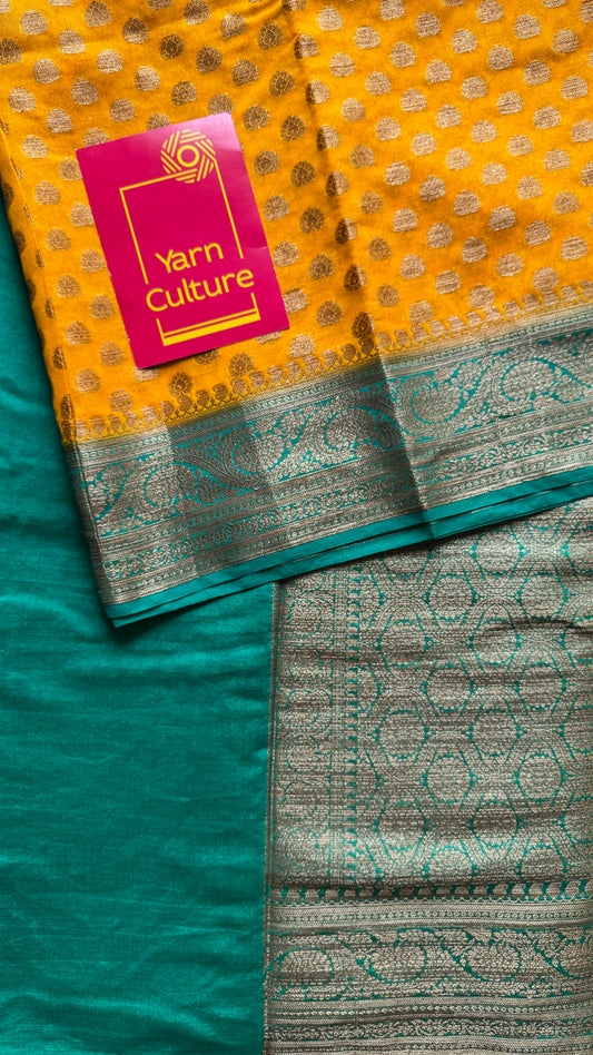 Vibhuti - Dark yellow antique gold with contrast turquoise border & pallu, Banarasi semi georgette