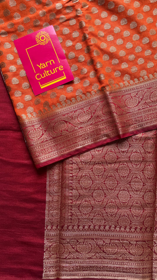 Agnira - Rust orange antique gold with contrast maroon border & pallu,  Banarasi semi georgette