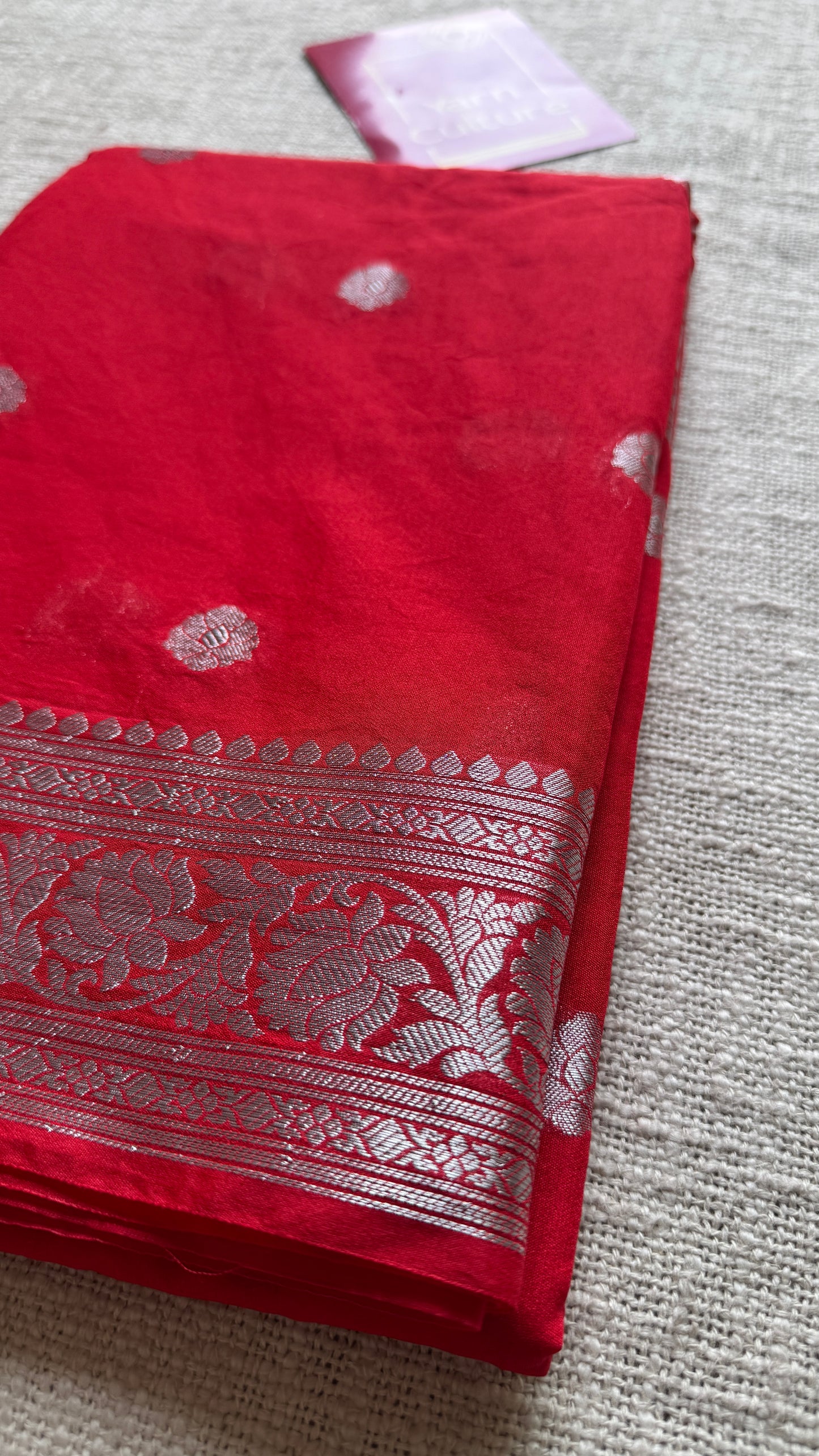 Shubhrika - Chilli red silver zari, Banarasi semi chiffon