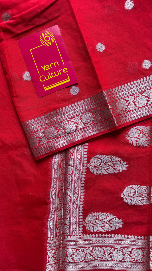 Shubhrika - Chilli red silver zari, Banarasi semi chiffon