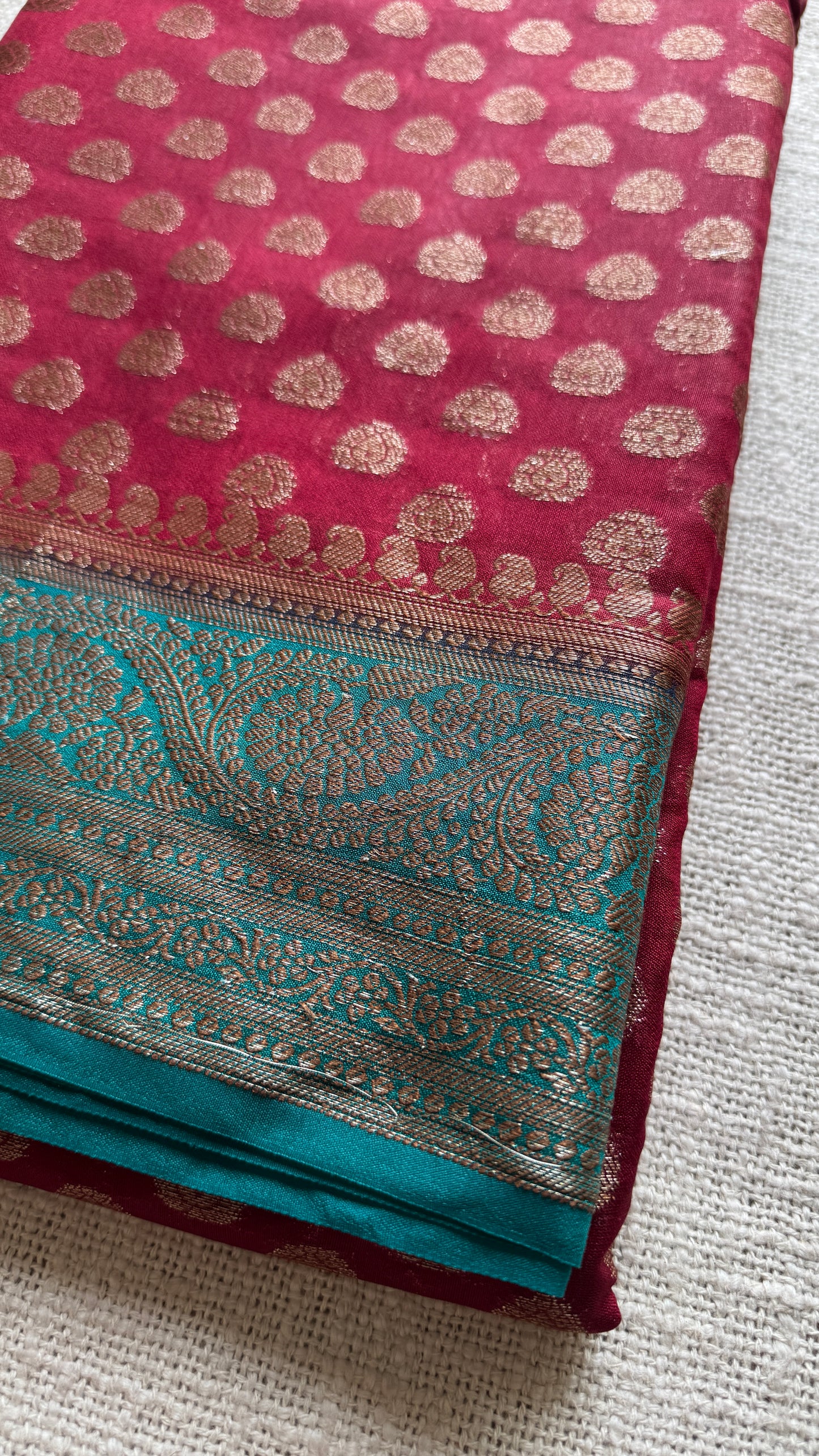 Brahmika - Deep red antique gold with contrast turquoise border & pallu,  Banarasi semi georgette