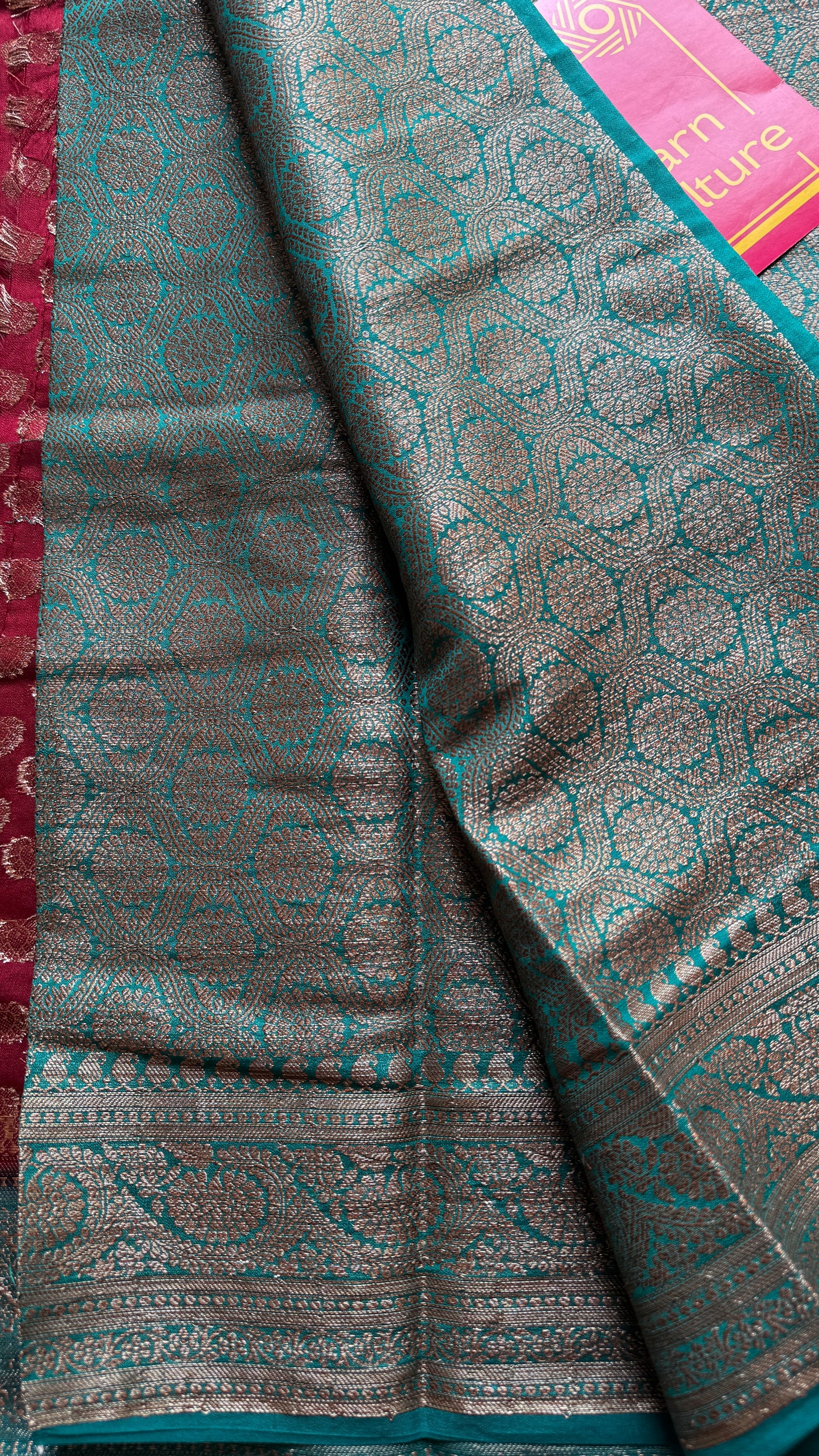 Brahmika - Deep red antique gold with contrast turquoise border & pallu,  Banarasi semi georgette