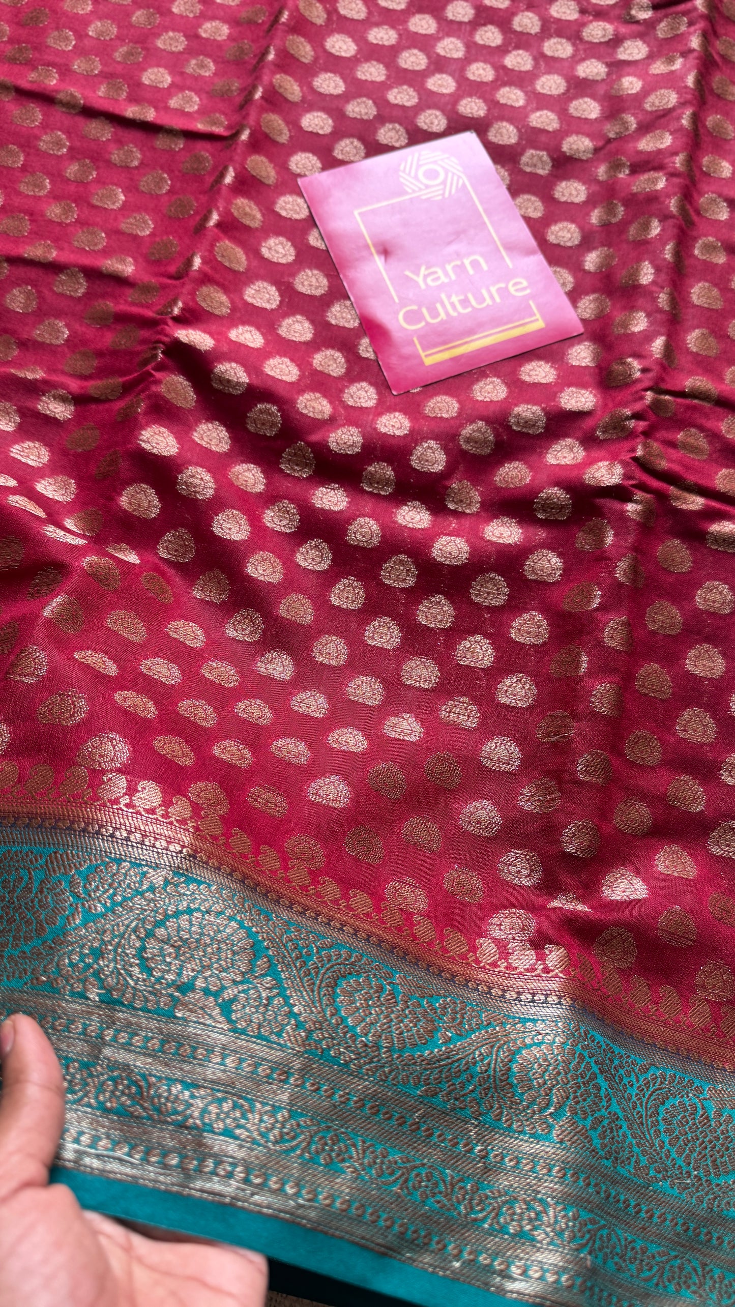 Brahmika - Deep red antique gold with contrast turquoise border & pallu,  Banarasi semi georgette