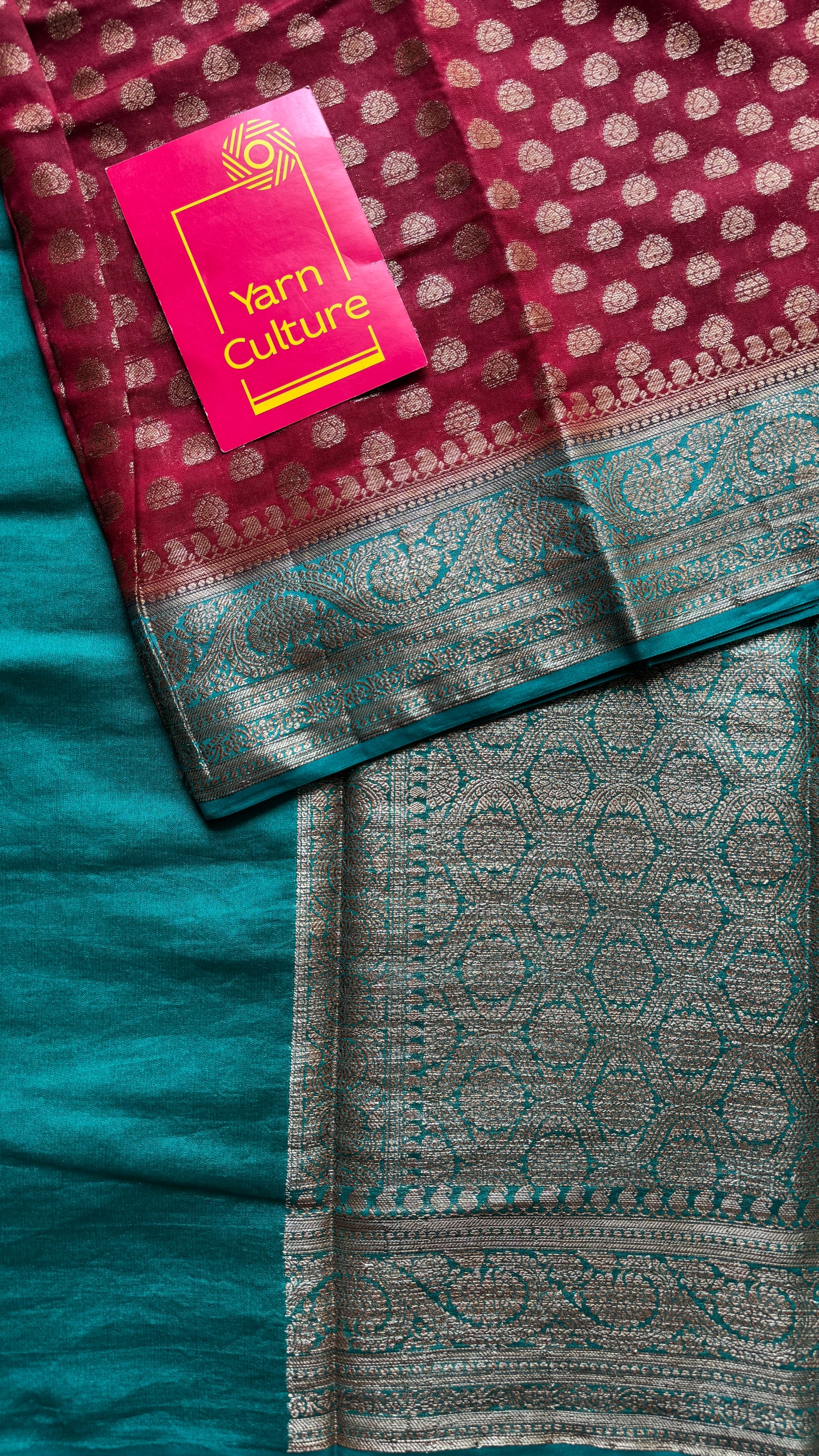 Brahmika - Deep red antique gold with contrast turquoise border & pallu,  Banarasi semi georgette