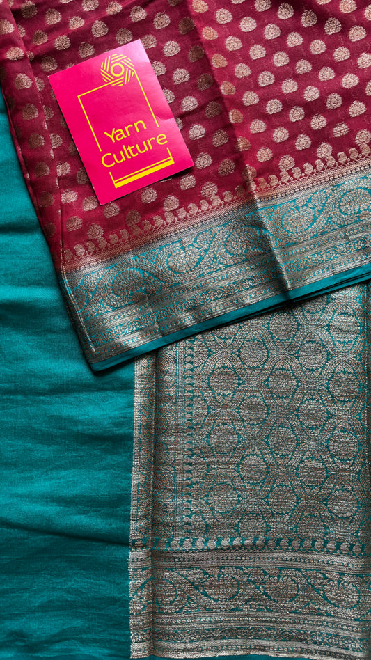 Brahmika - Deep red antique gold with contrast turquoise border & pallu,  Banarasi semi georgette