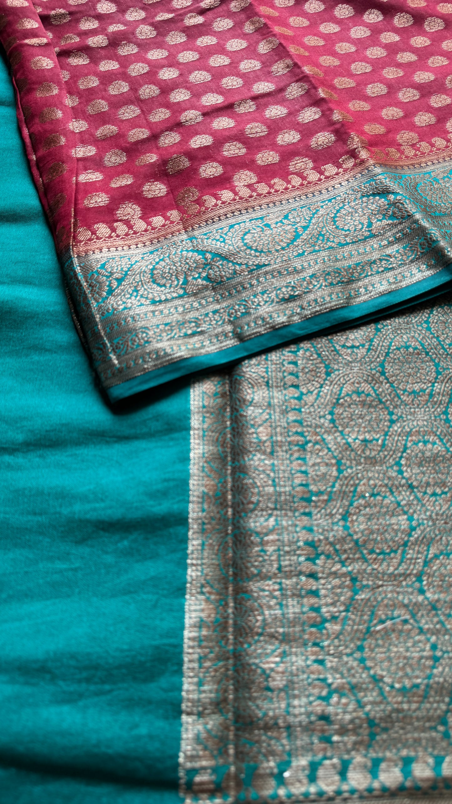 Brahmika - Deep red antique gold with contrast turquoise border & pallu,  Banarasi semi georgette