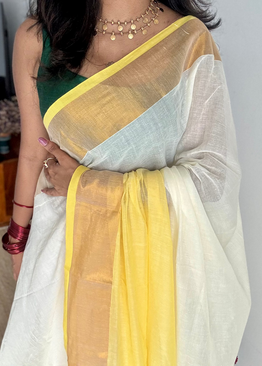 Ivory with dyed yellow and antique gold zari border, mul cotton - YCON25BCM42