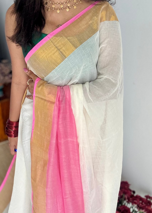 Ivory with dyed pink and antique gold zari border, mul cotton - YCON25BCM25