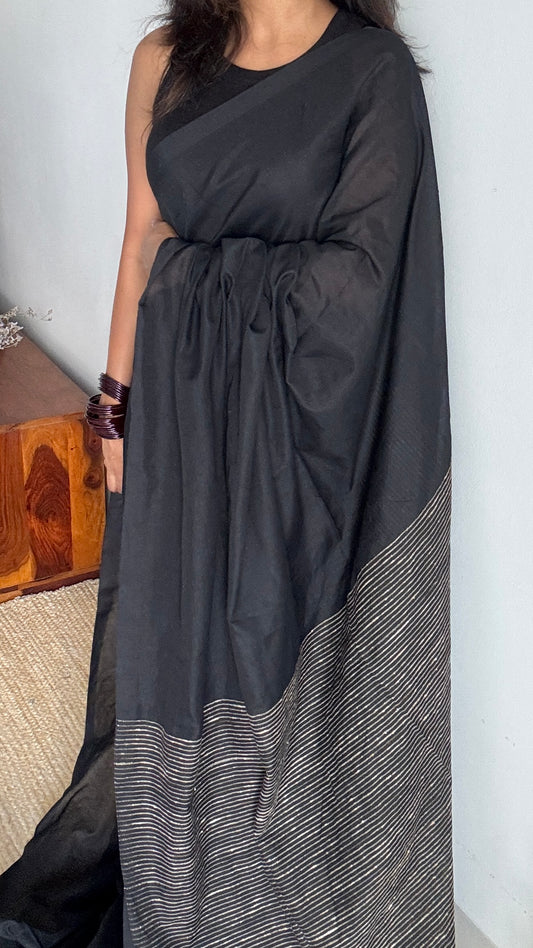 Black with thread worked pallu - Soft Khadi Cotton YCBCGP06