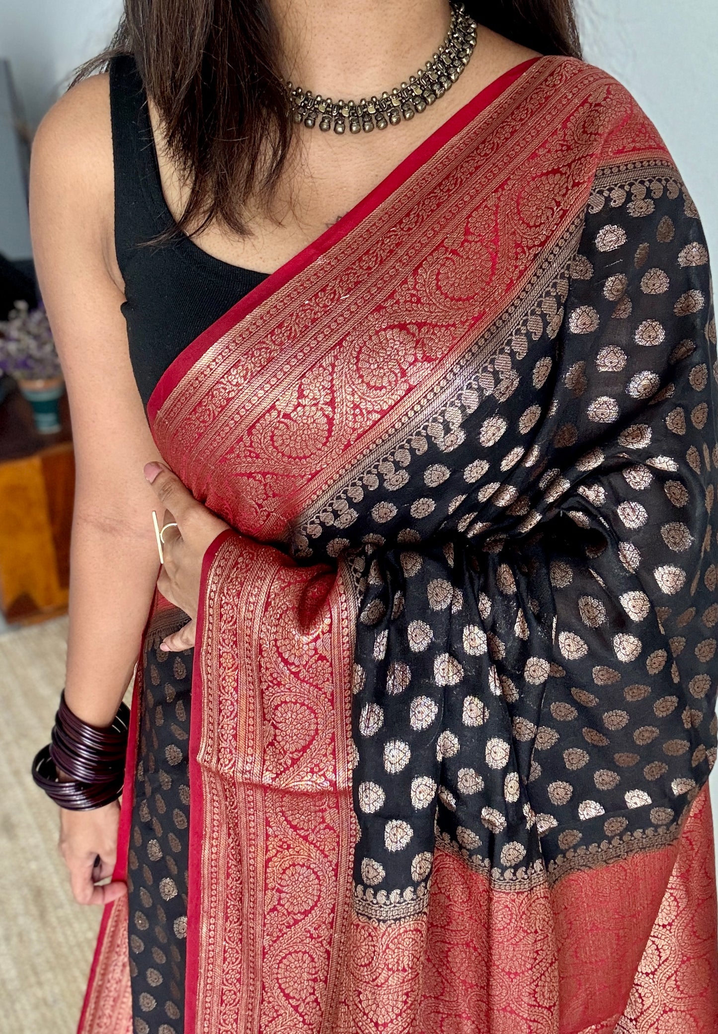 Kohl & Kumkum - Black antique gold with contrast maroon border & pallu, Banarasi semi georgette