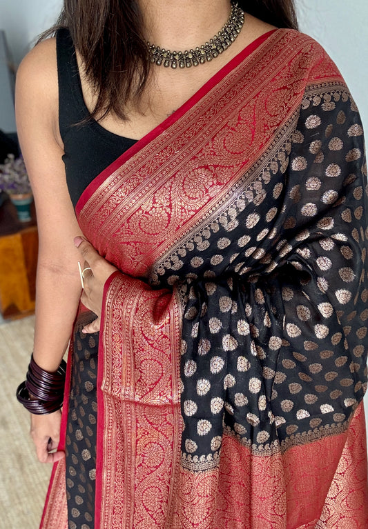 Kohl & Kumkum - Black antique gold with contrast maroon border & pallu, Banarasi semi georgette