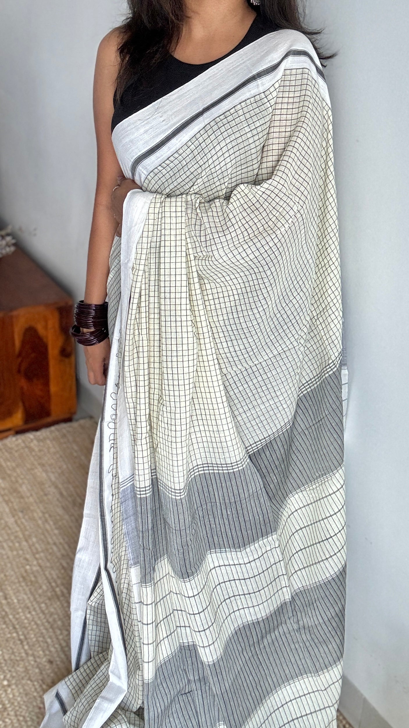 Cream with Black Checks - Patteda Anchu