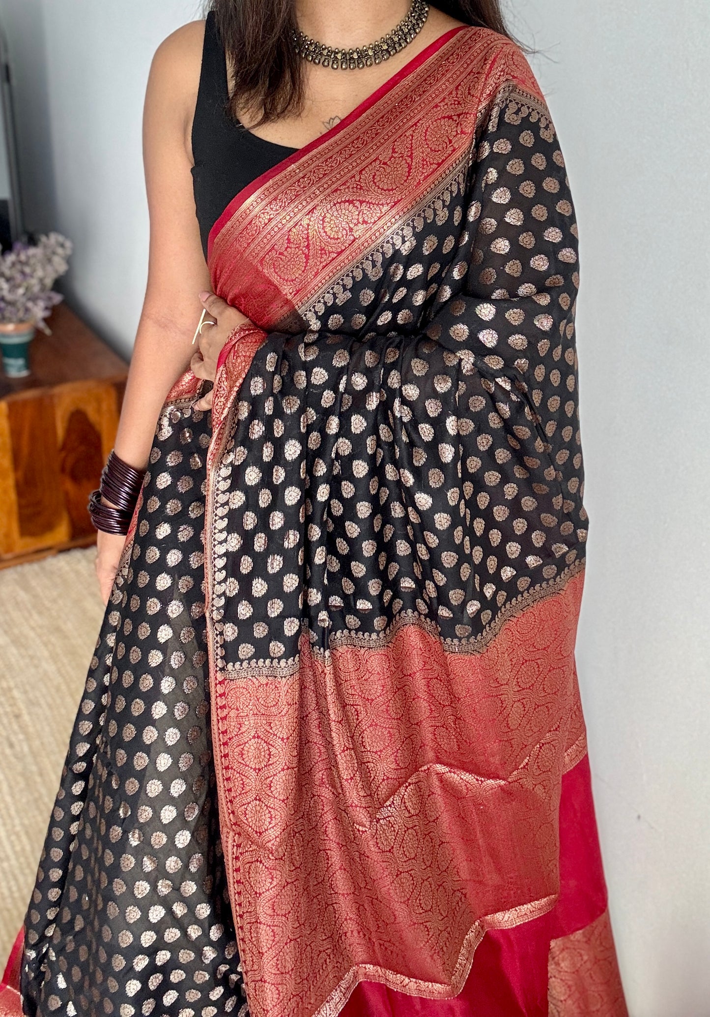 Kohl & Kumkum - Black antique gold with contrast maroon border & pallu, Banarasi semi georgette