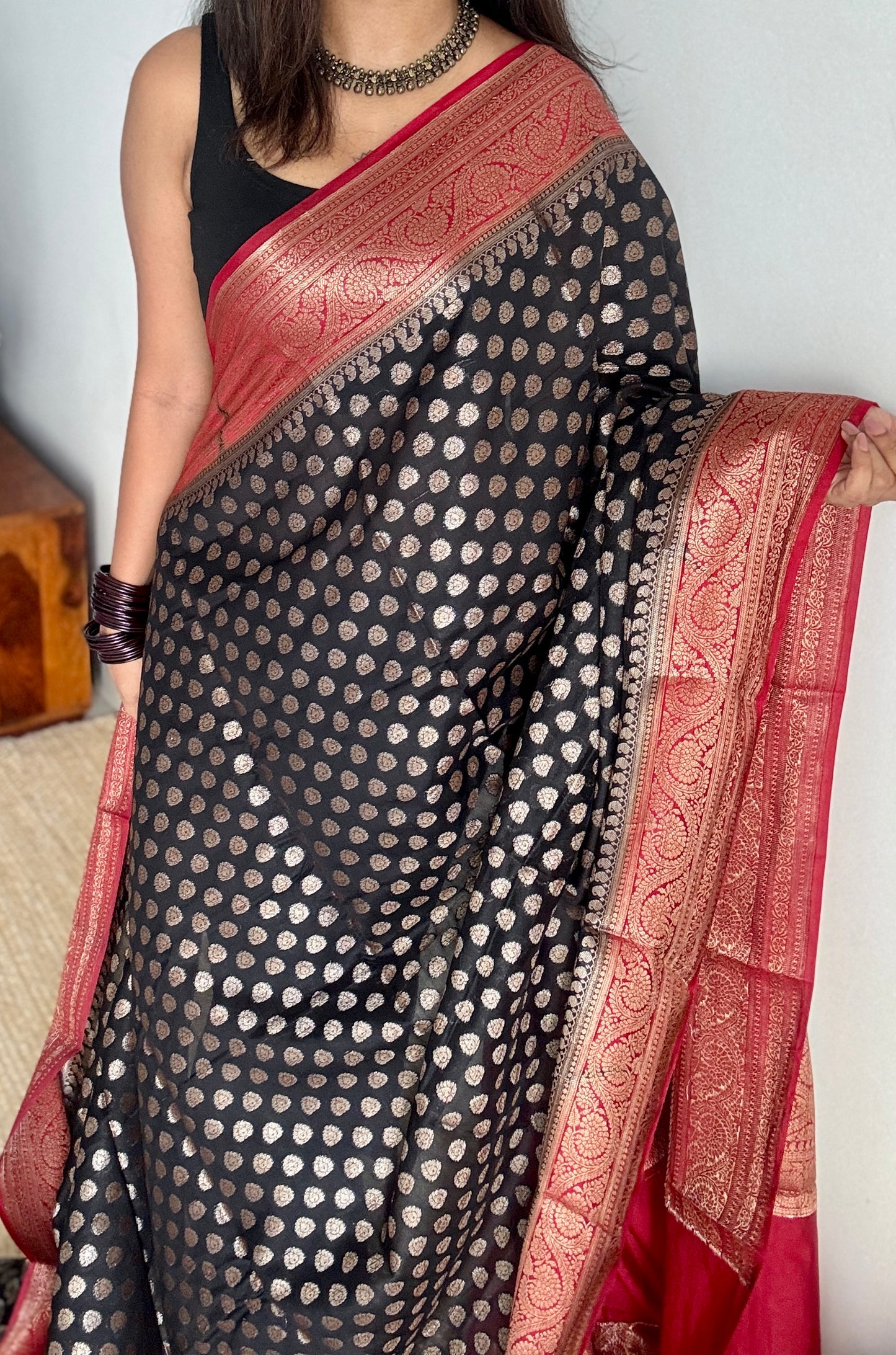 Kohl & Kumkum - Black antique gold with contrast maroon border & pallu, Banarasi semi georgette