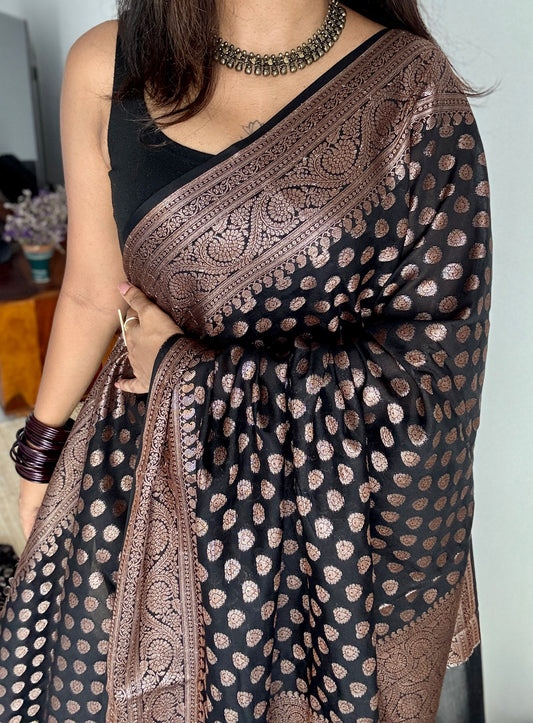 Raat Ki Roshni - Black antique gold, dual tone buttas, Banarasi semi georgette