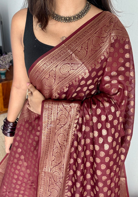 Tamalika - Coffee brown antique gold, Banarasi semi georgette