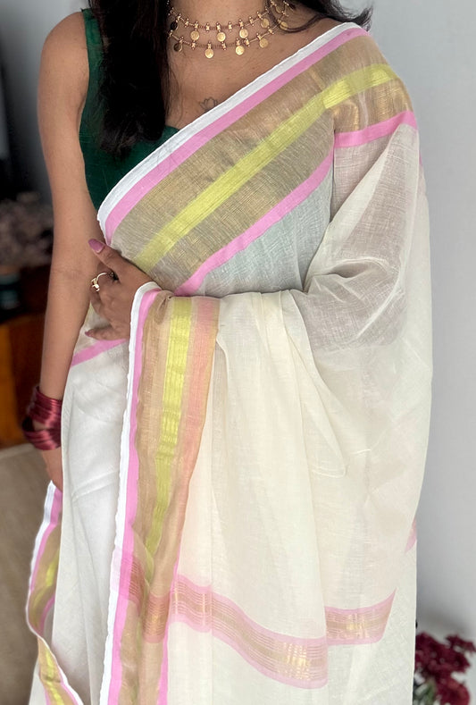 Ivory with pink and bright gold zari border, mul cotton - YCON25BCM51