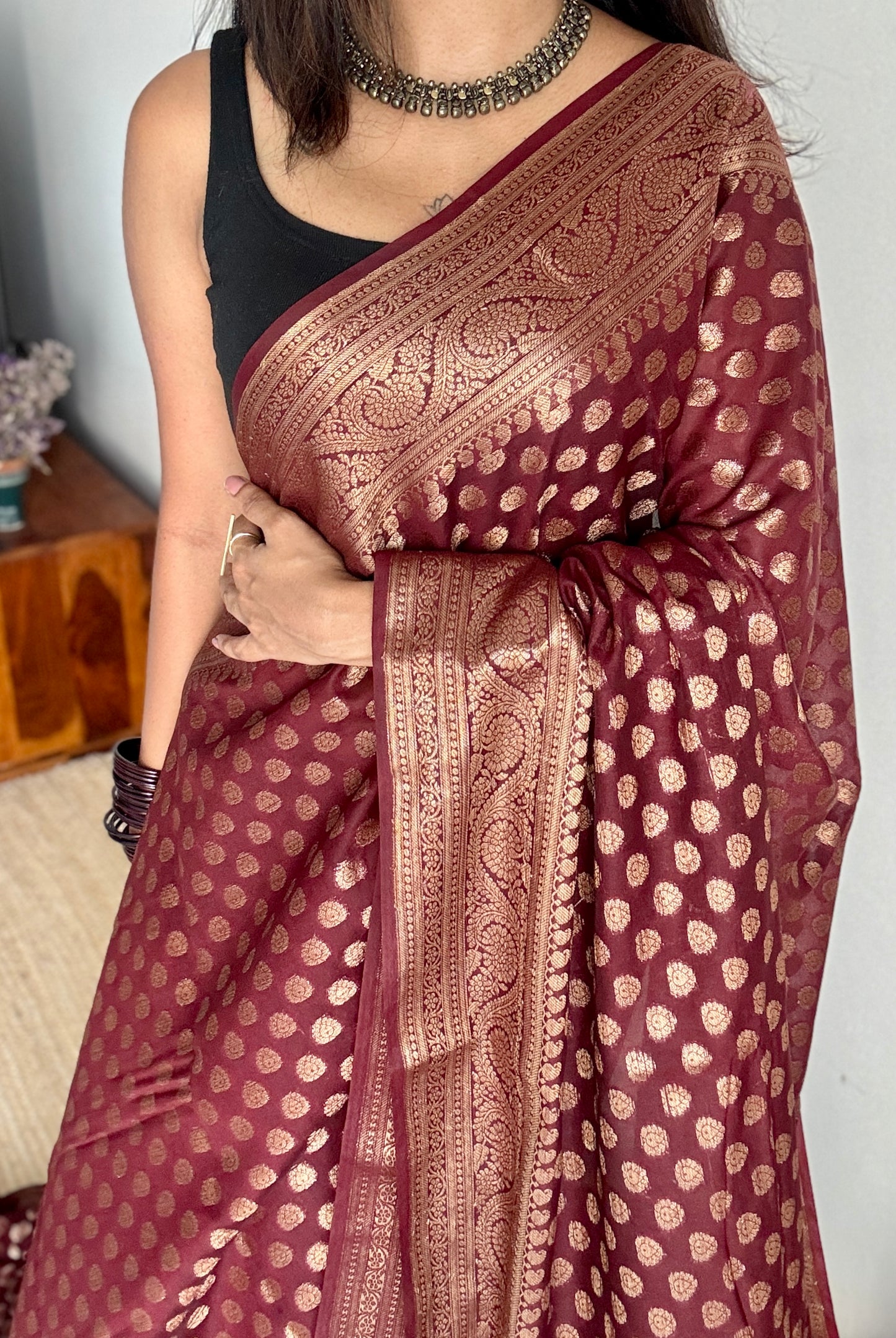 Tamalika - Coffee brown antique gold, Banarasi semi georgette