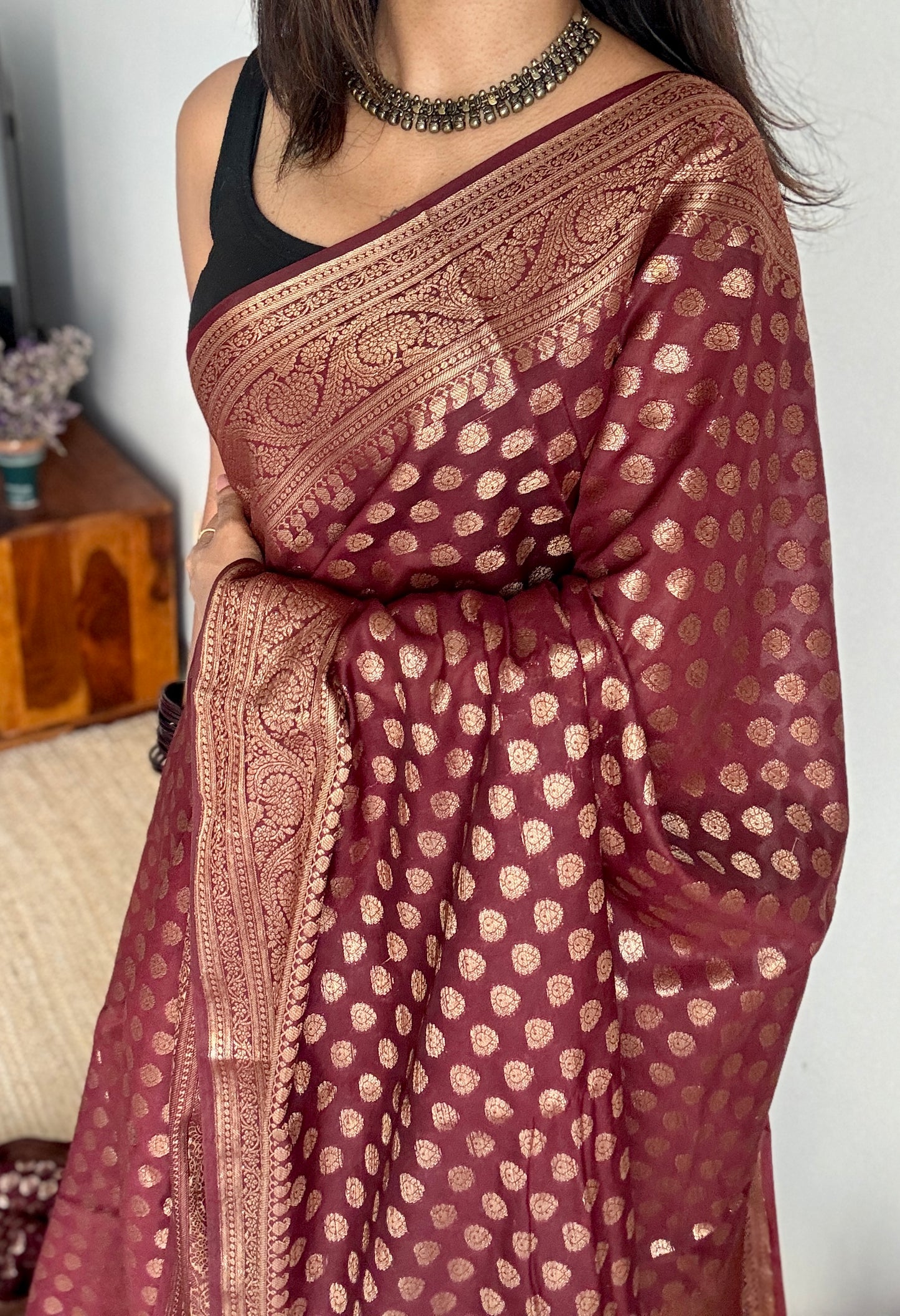 Tamalika - Coffee brown antique gold, Banarasi semi georgette