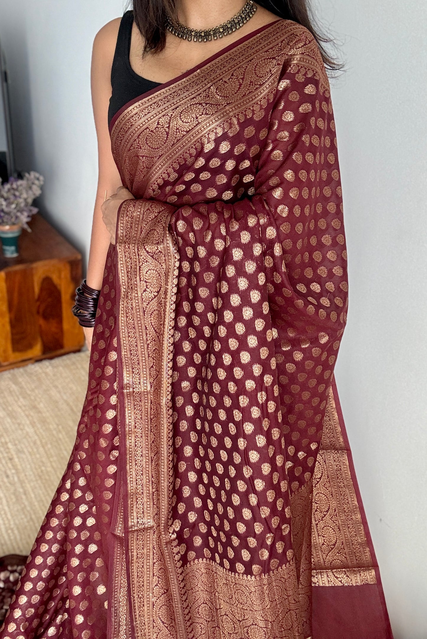 Tamalika - Coffee brown antique gold, Banarasi semi georgette