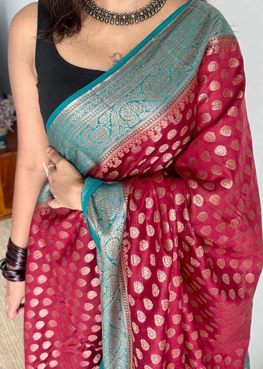 Brahmika - Deep red antique gold with contrast turquoise border & pallu,  Banarasi semi georgette