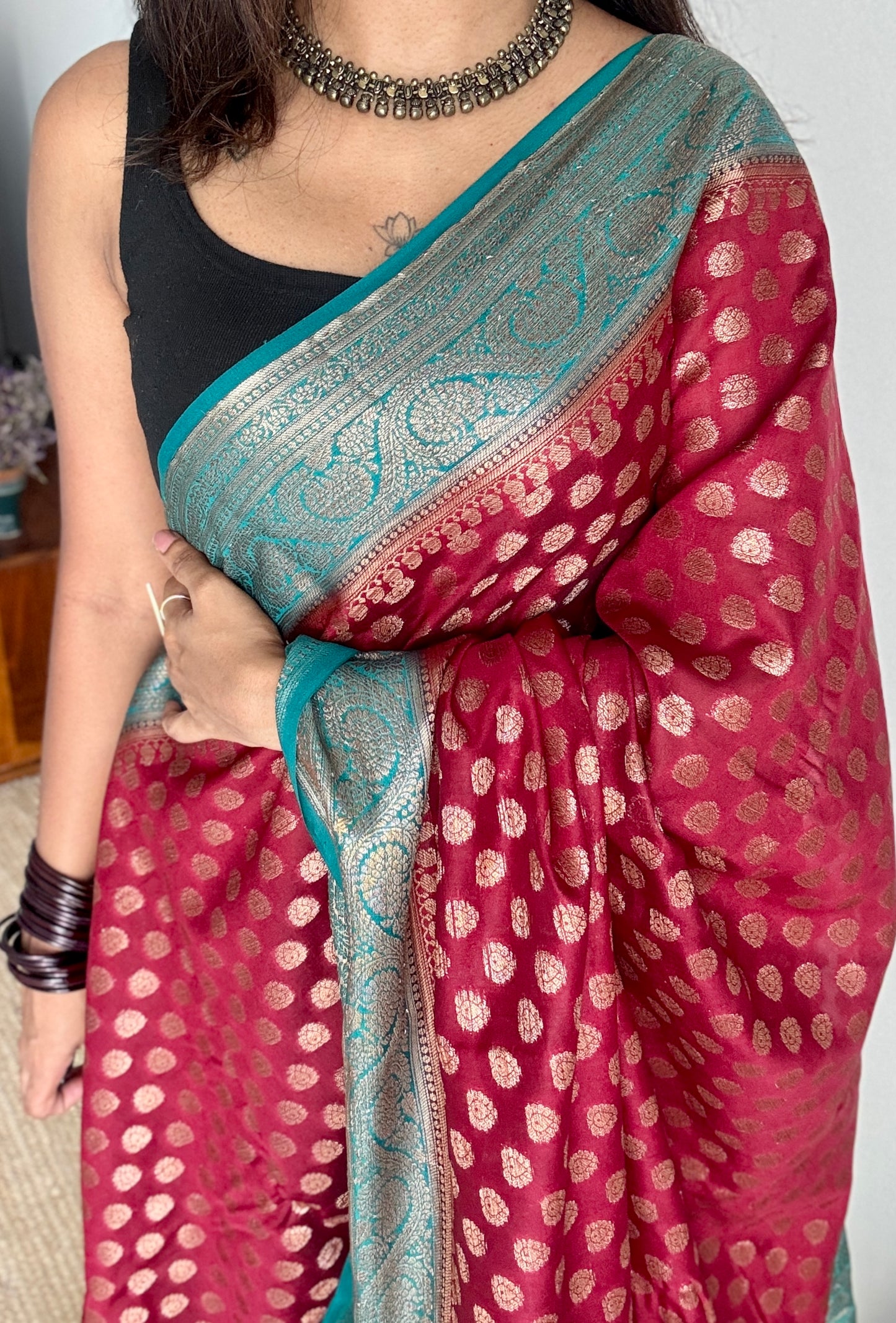 Brahmika - Deep red antique gold with contrast turquoise border & pallu,  Banarasi semi georgette