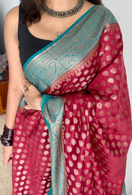 Brahmika - Deep red antique gold with contrast turquoise border & pallu,  Banarasi semi georgette