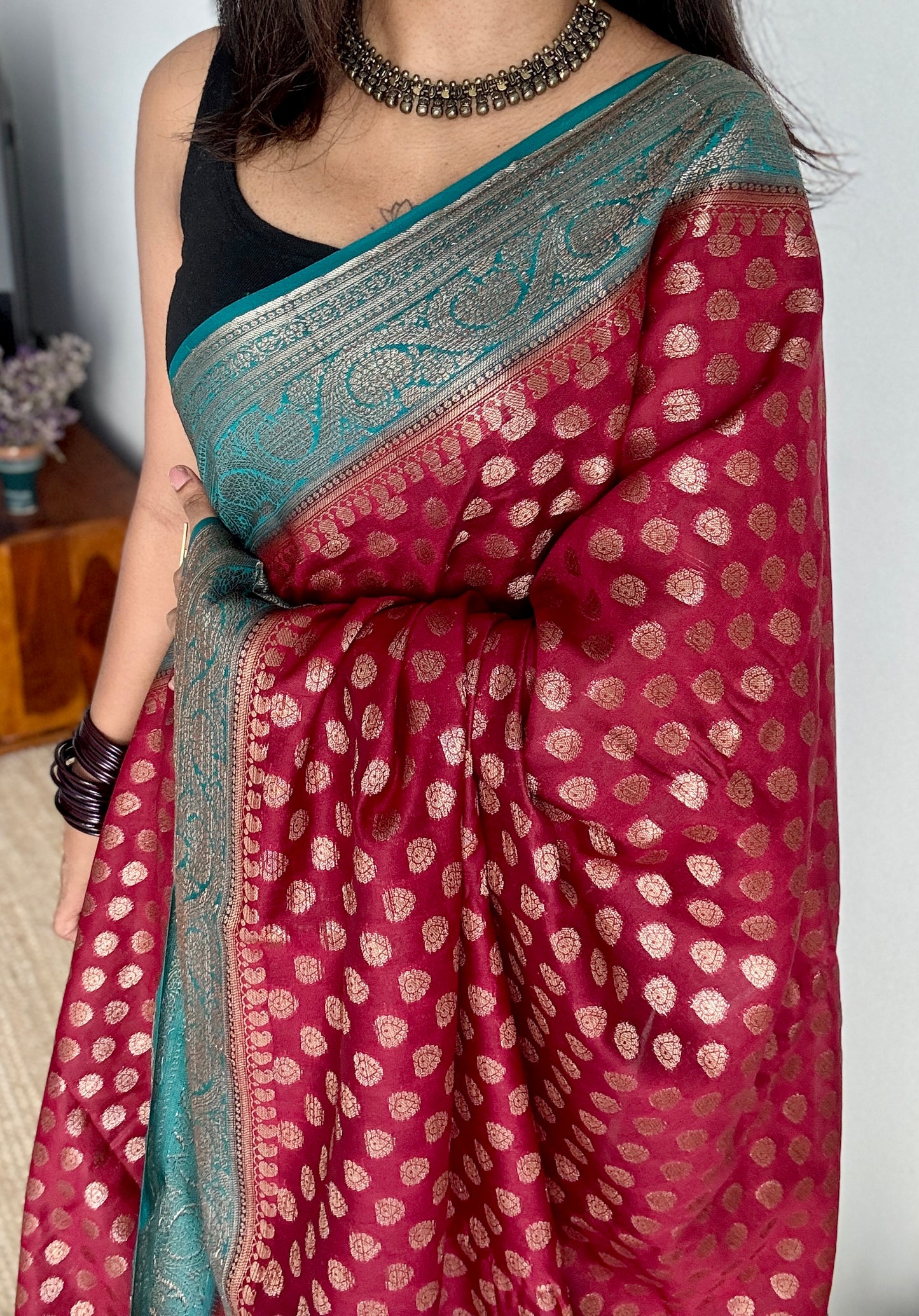 Brahmika - Deep red antique gold with contrast turquoise border & pallu,  Banarasi semi georgette