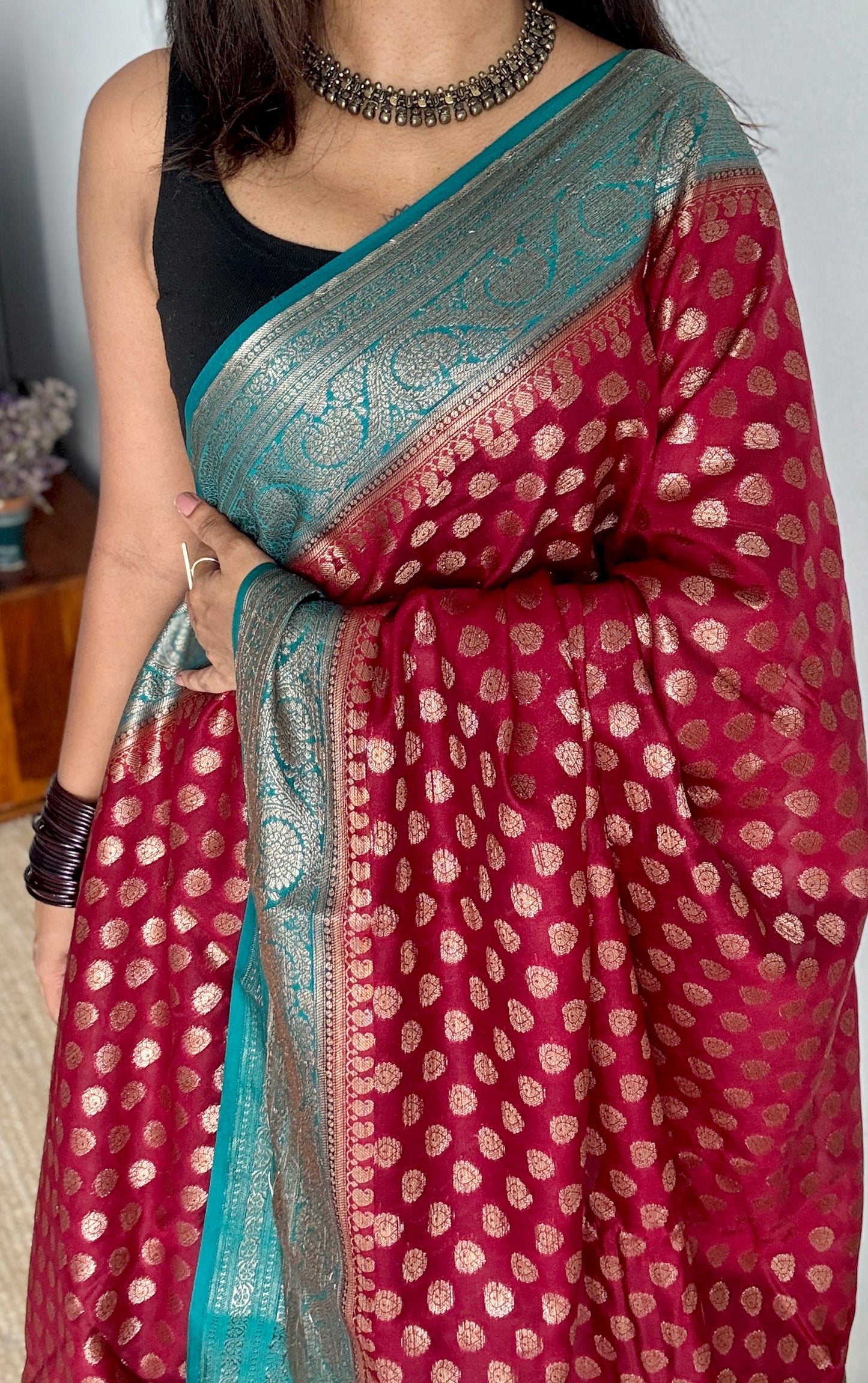 Brahmika - Deep red antique gold with contrast turquoise border & pallu,  Banarasi semi georgette