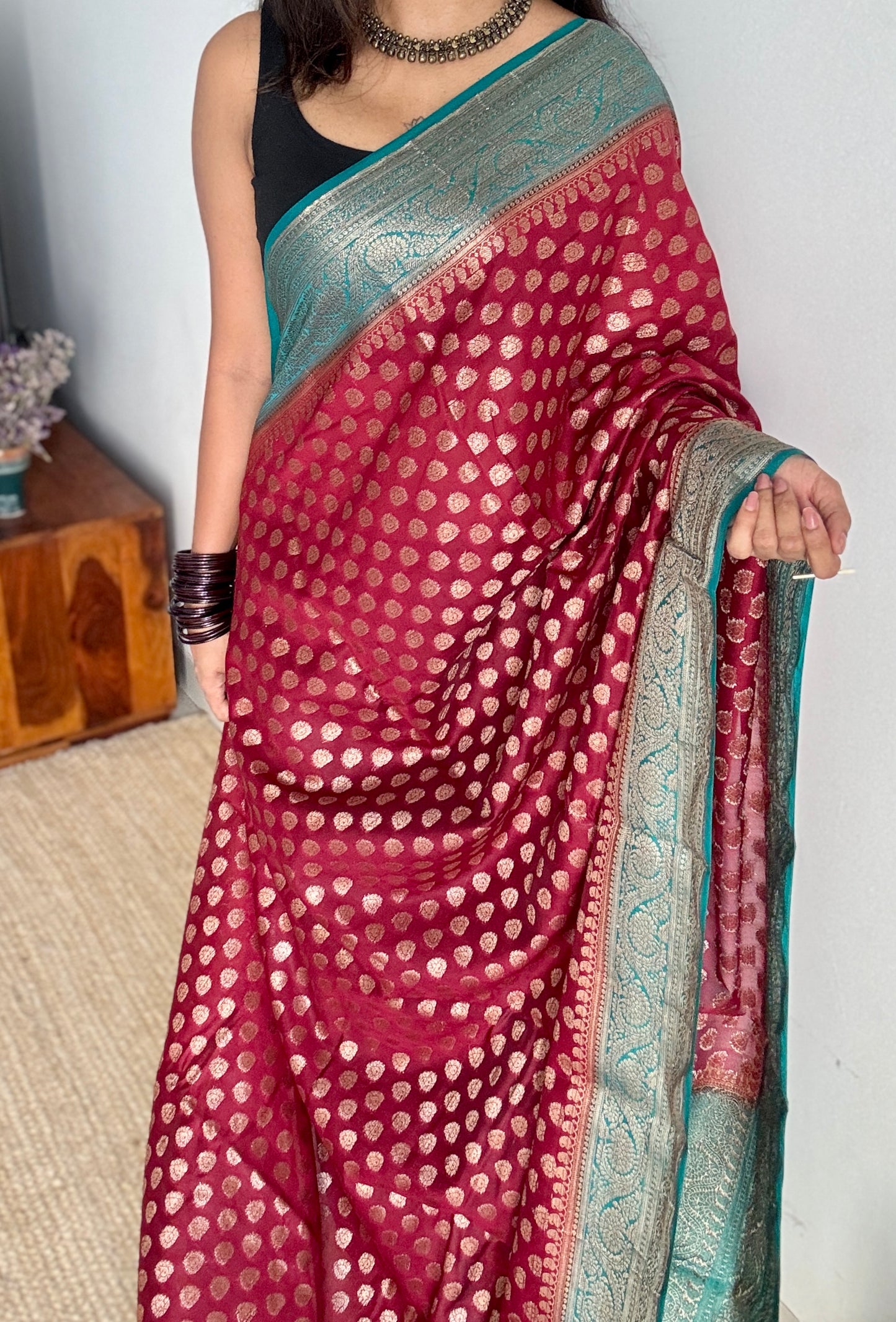Brahmika - Deep red antique gold with contrast turquoise border & pallu,  Banarasi semi georgette