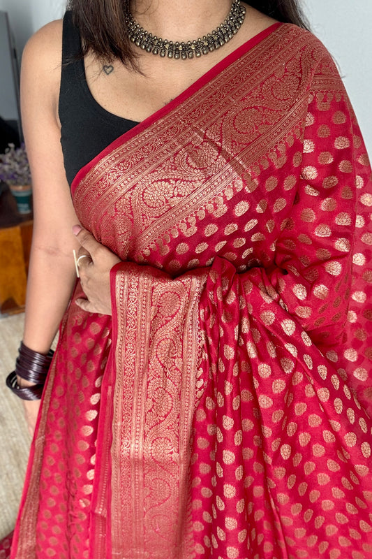 Sindura -  Dark red antique gold, Banarasi semi georgette