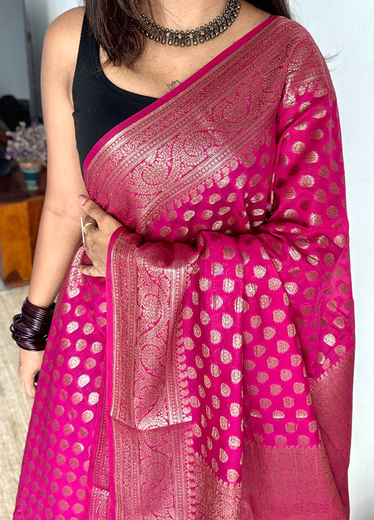 Heer - Warm Magenta antique gold,  Banarasi semi georgette