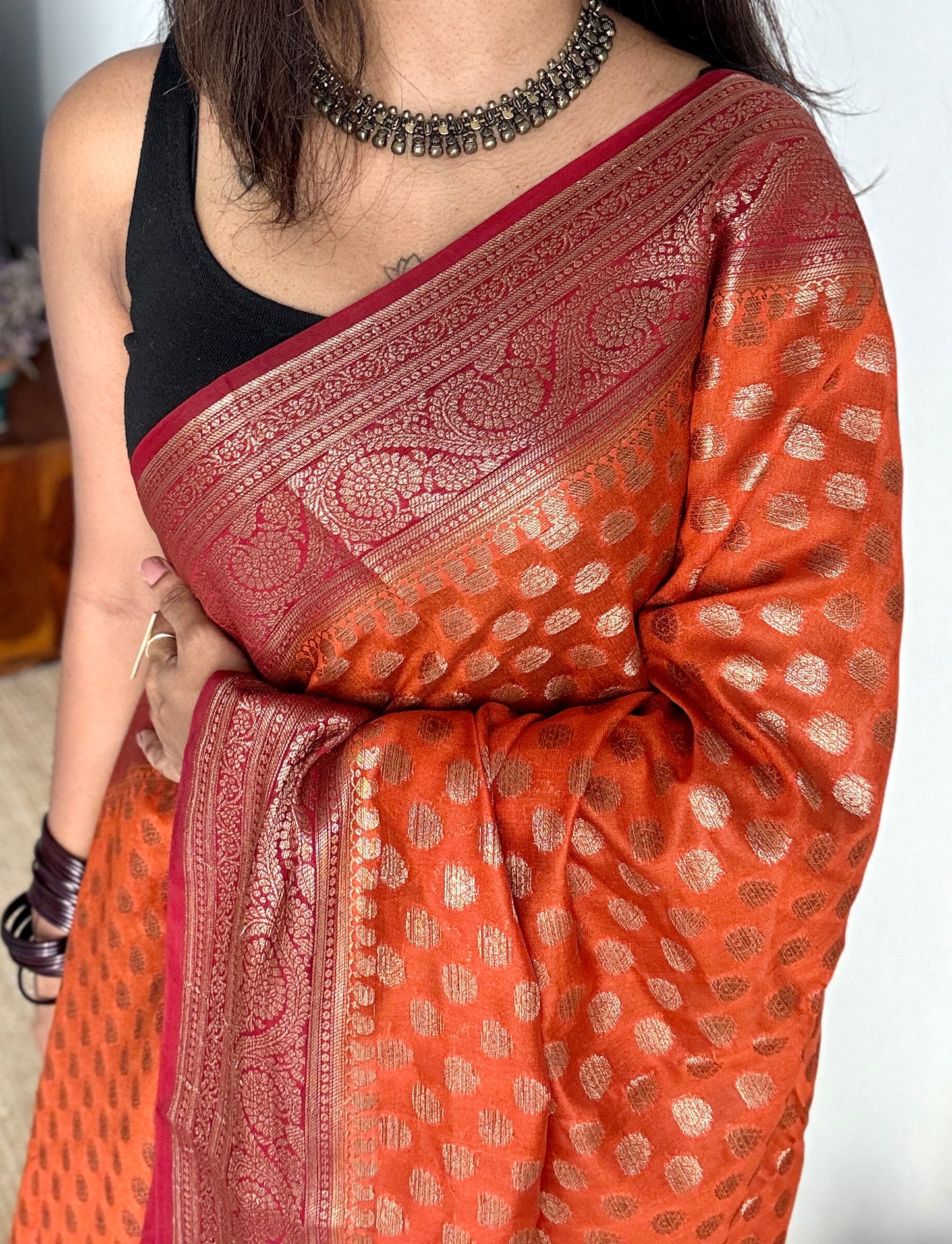 Agnira - Rust orange antique gold with contrast maroon border & pallu,  Banarasi semi georgette