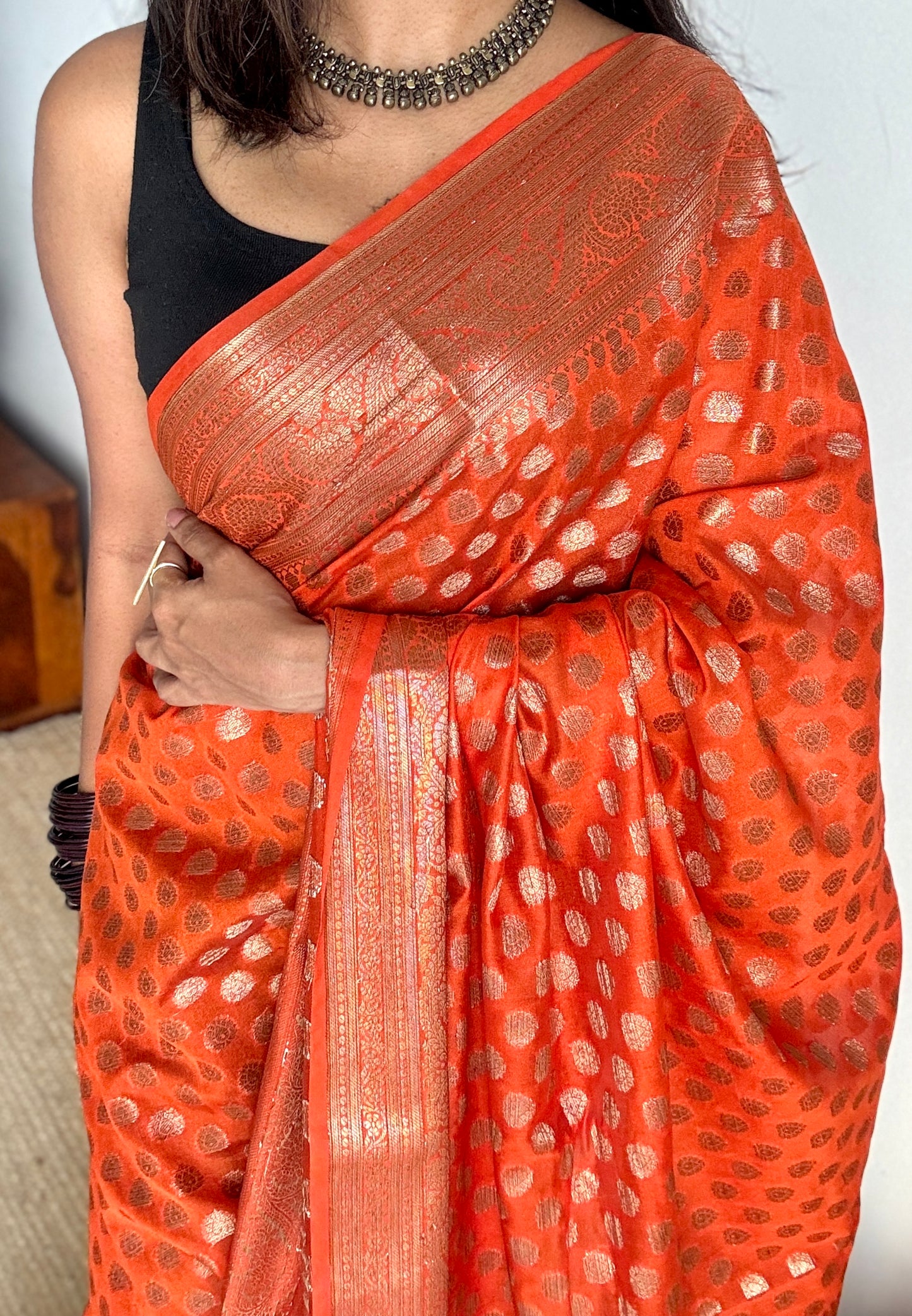 Tejasi -  Orange antique gold, Banarasi semi georgette