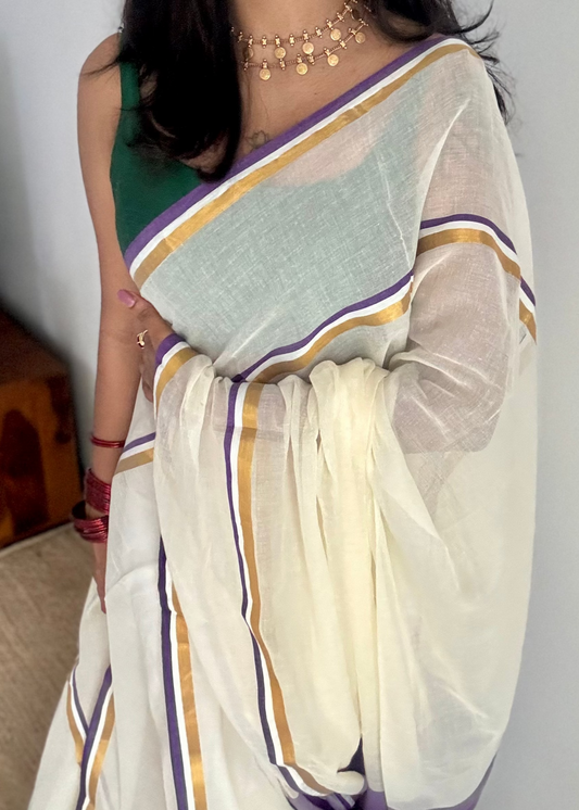 Ivory with violet and gold stripe border, mul cotton - YCON25BCM104