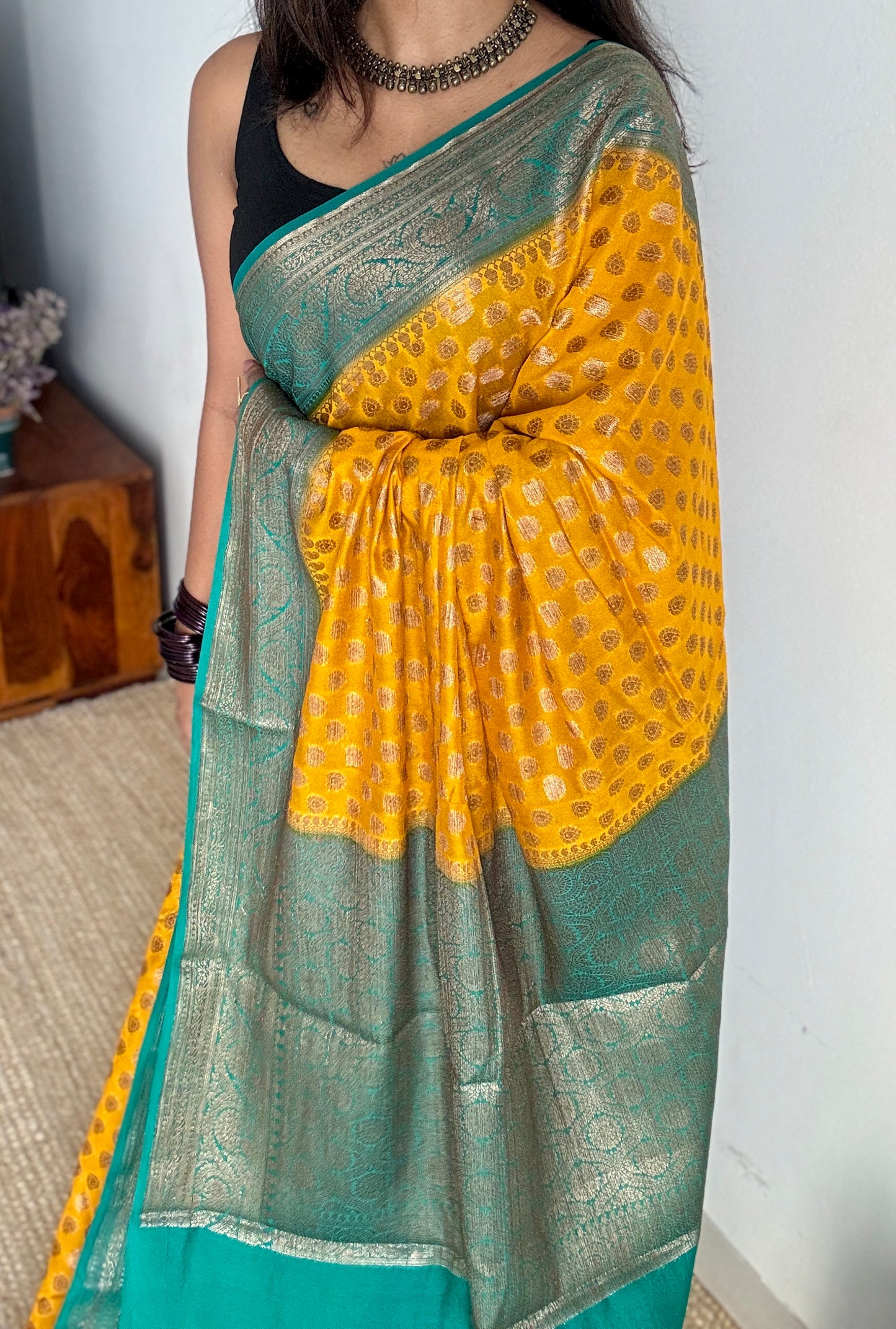 Vibhuti - Dark yellow antique gold with contrast turquoise border & pallu, Banarasi semi georgette