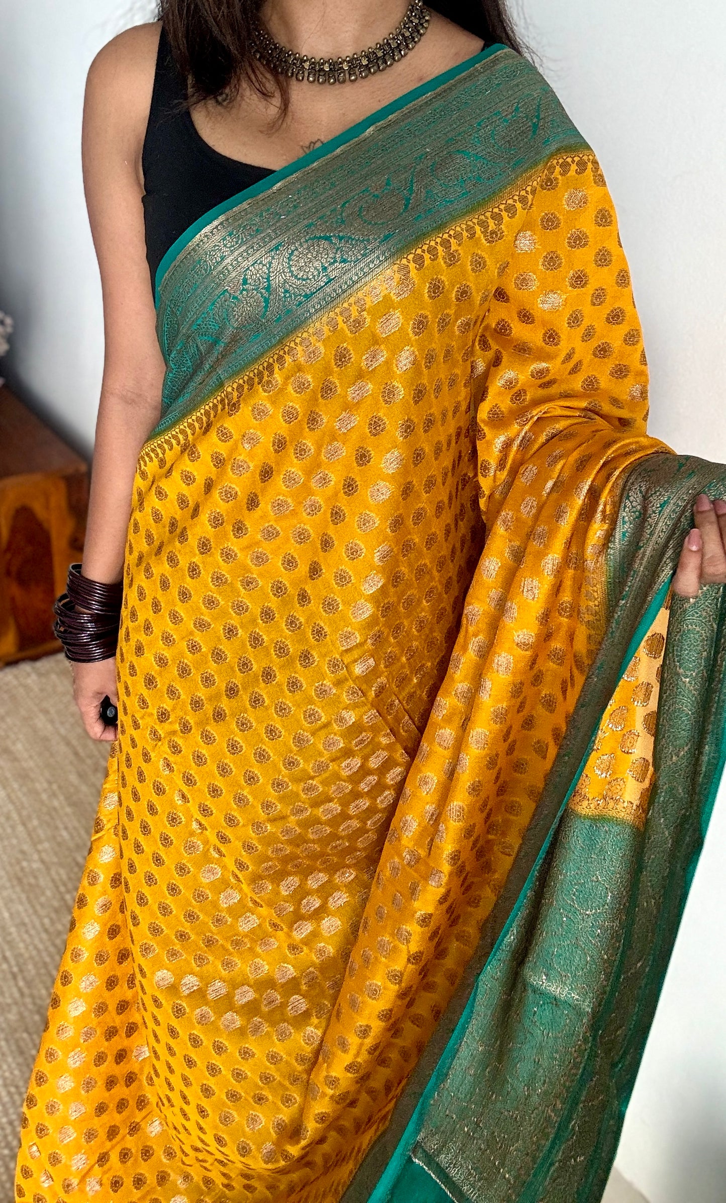 Vibhuti - Dark yellow antique gold with contrast turquoise border & pallu, Banarasi semi georgette