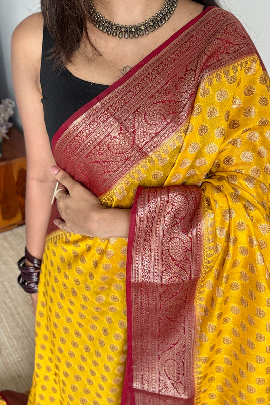 Ujjwala - Yellow antique gold with contrast maroon border & pallu,  Banarasi semi georgette