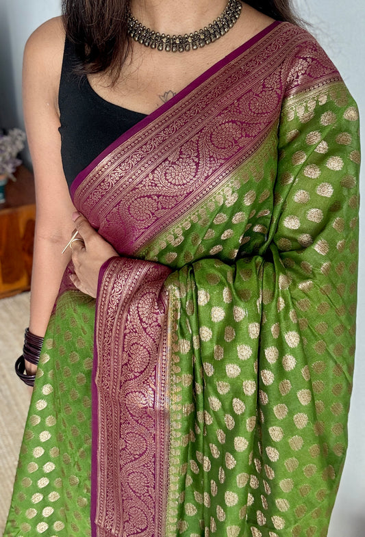 Mehendi Rang - Green antique gold with contrast purple border & pallu,  Banarasi semi georgette