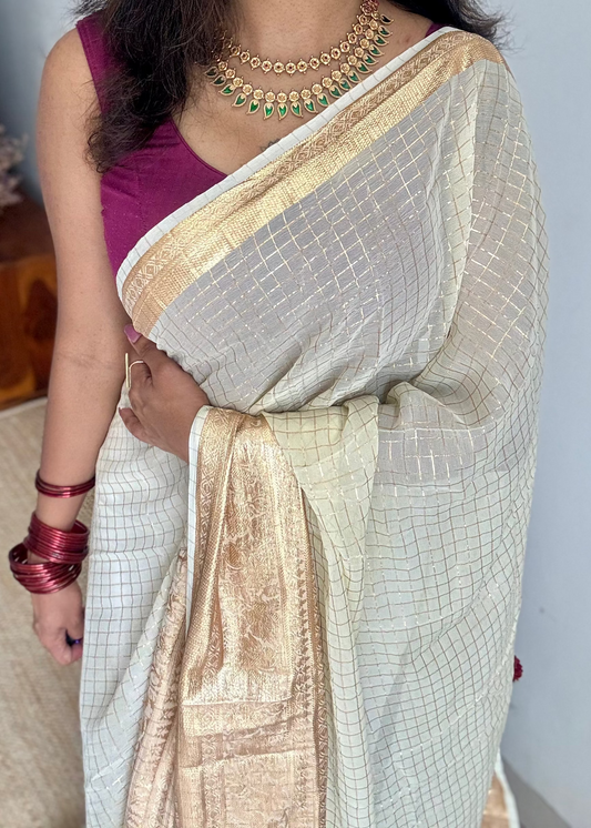 Cream & gold viscose silk checks - with contrast red blouse - YCON25DOS01
