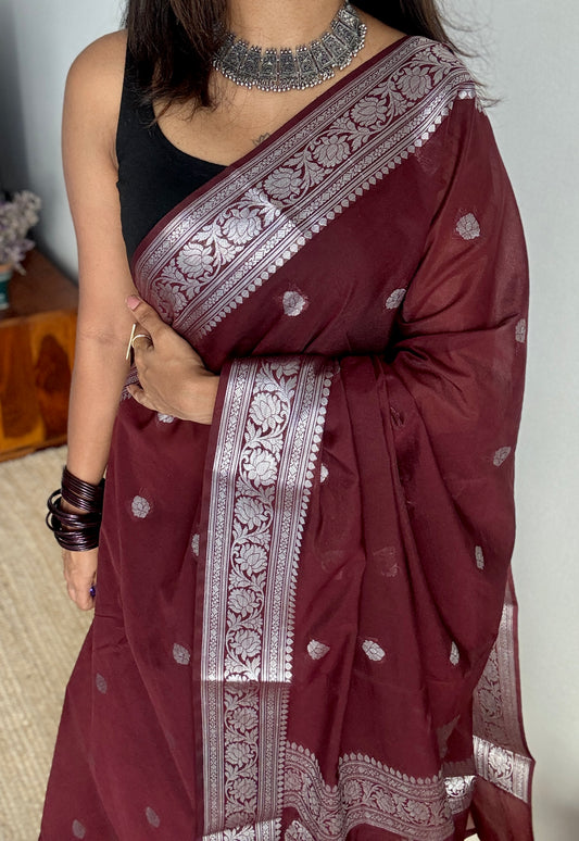 Dhwani - Brown silver zari, Banarasi semi chiffon