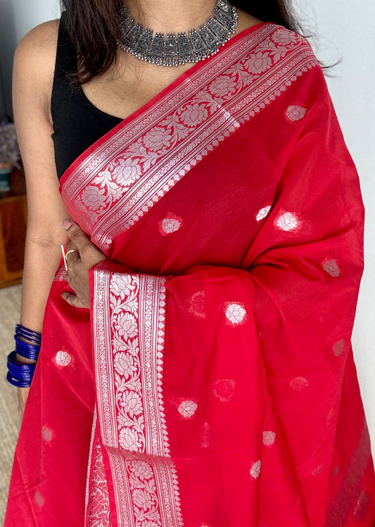Shubhrika - Chilli red silver zari, Banarasi semi chiffon