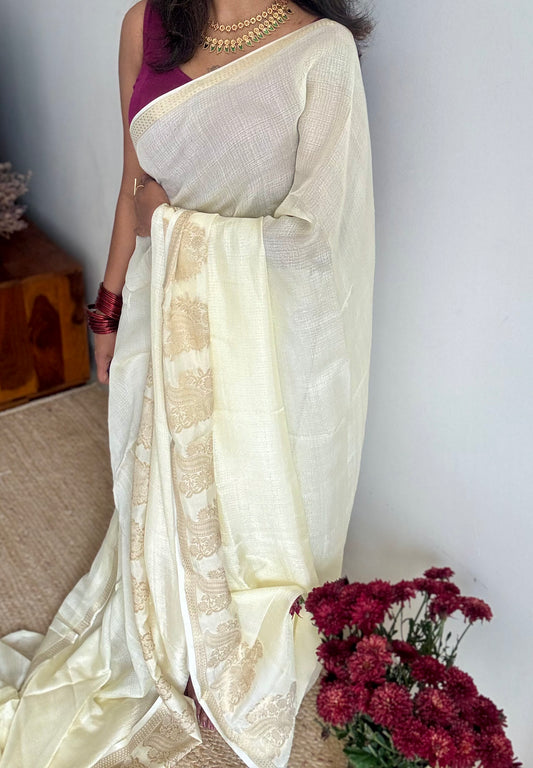 Cream & gold viscose khadi silk - with violet contrast blouse - YCON25DOS04