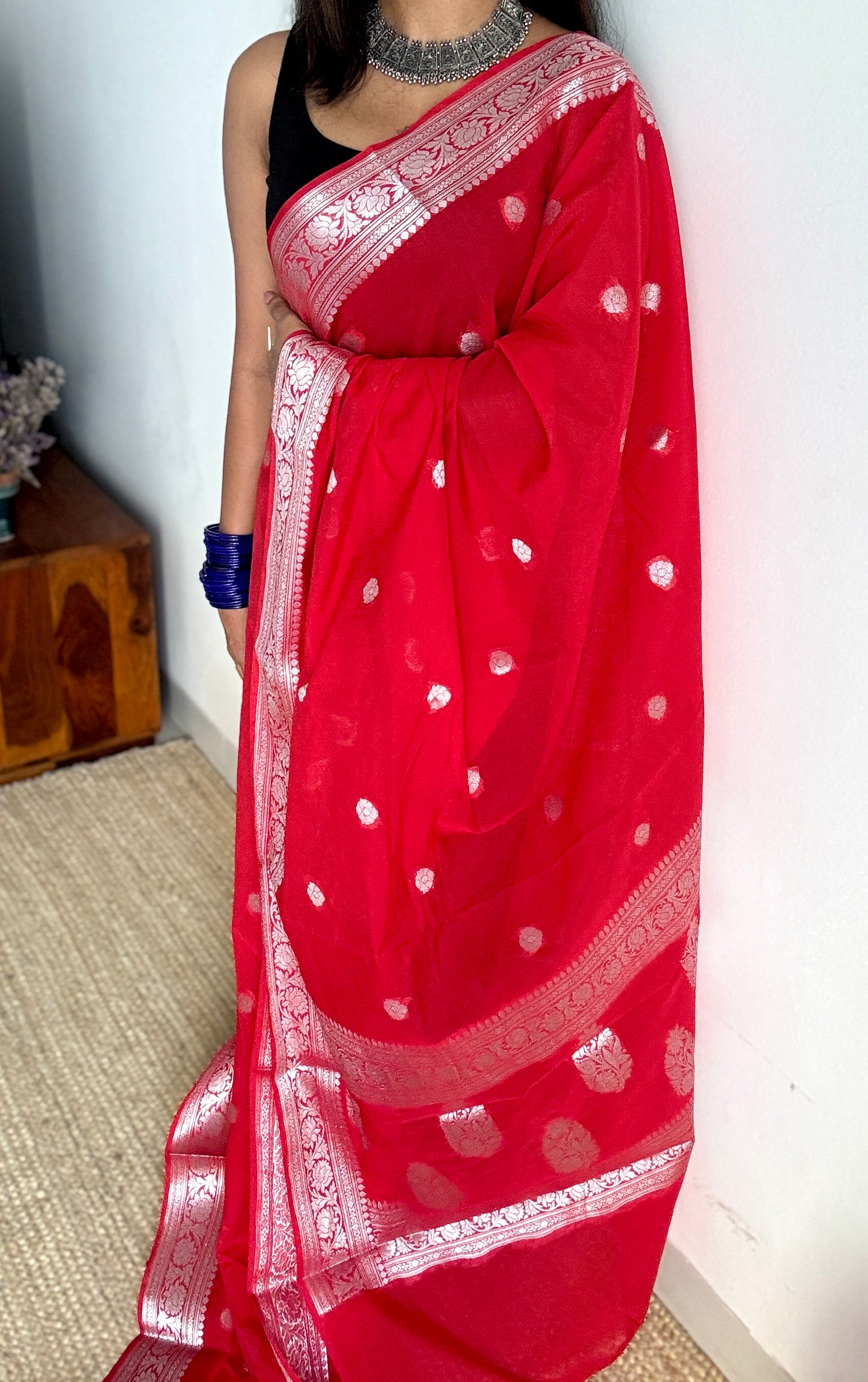 Shubhrika - Chilli red silver zari, Banarasi semi chiffon