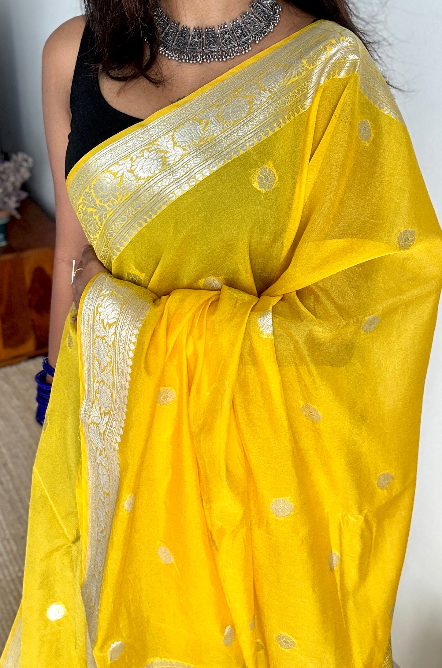 Roshni - Bright yellow silver zari, Banarasi semi chiffon