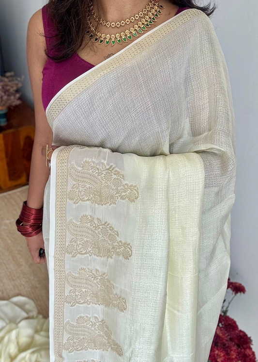 Cream & gold viscose khadi silk - with violet contrast blouse - YCON25DOS04