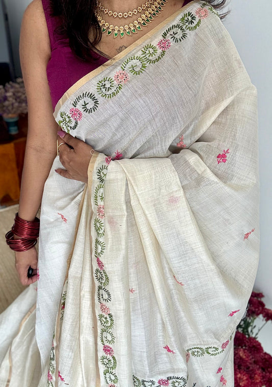 Ivory cotton silk with floral kantha threadwork - YCON25BCKW32