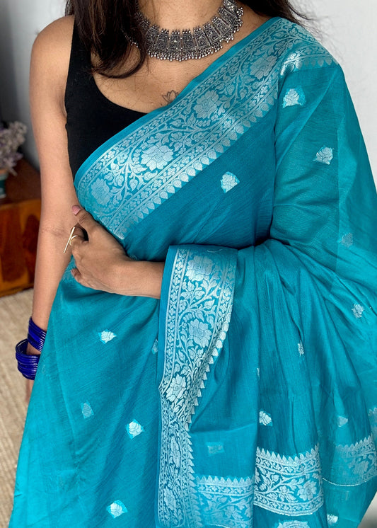 Nirva - Aqua blue silver zari, Banarasi semi chiffon