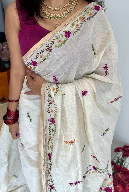 Ivory cotton silk with purple floral kantha threadwork - YCON25BCKW33