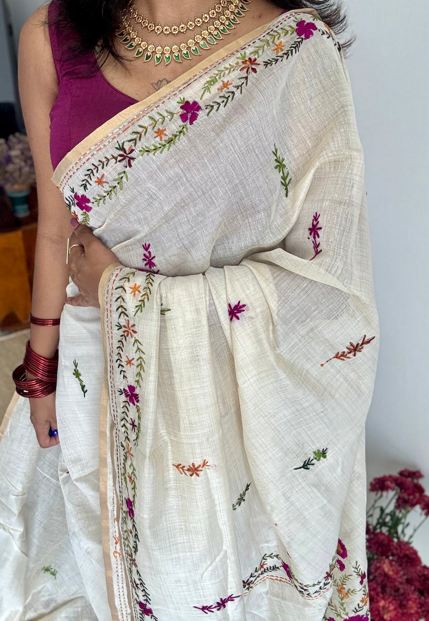 Ivory cotton silk with purple floral kantha threadwork - YCON25BCKW33
